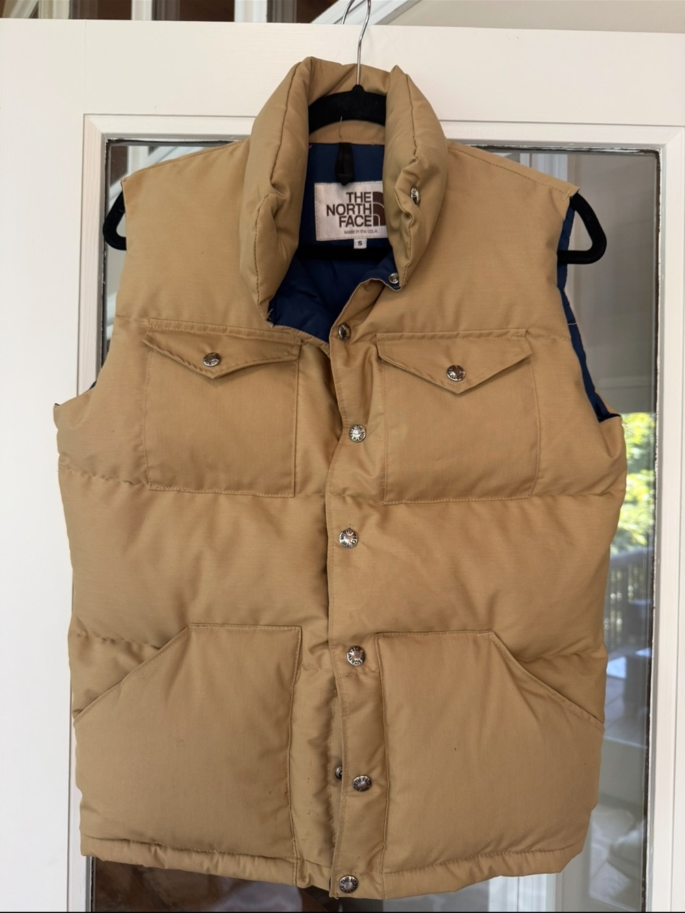VINTAGE The North Face Men's Khaki/Tan Quilted Down Vest w/blue interior. Sz S
